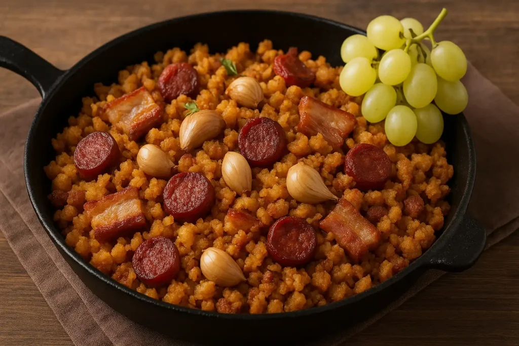 Migas Manchegas tradicionales en sartén de hierro con chorizo, panceta, ajos y uvas verdes sobre mesa rústica.