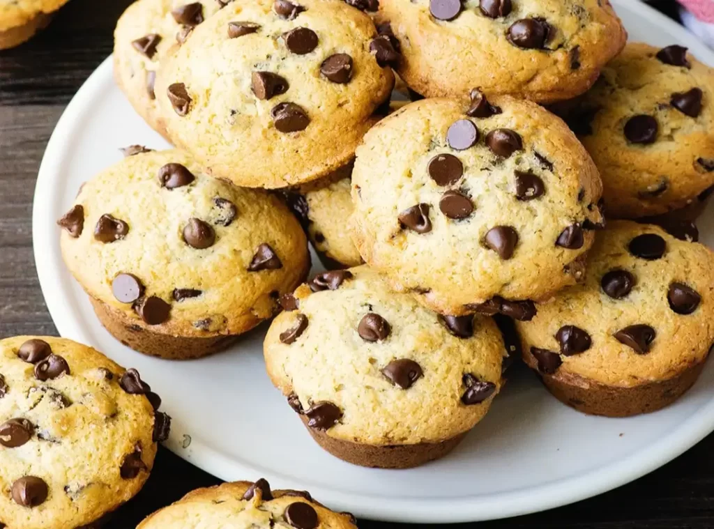 Muffins de chocolate recién horneados sobre una bandeja de metal.