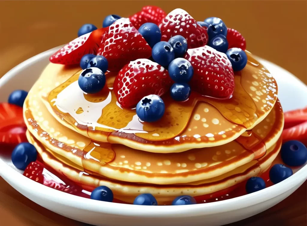 Pancakes dorados y esponjosos con frutos rojos mezclados en la masa, servidos en un plato blanc
