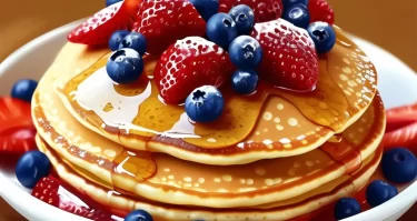 Pancakes dorados y esponjosos con frutos rojos mezclados en la masa, servidos en un plato blanc
