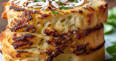 Pan de coco y ajo con aceite de coco, decorado con cilantro fresco sobre una mesa de cocina rústica