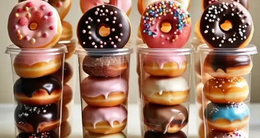 Mini donas empaquetadas en vasos plásticos transparentes con tapa